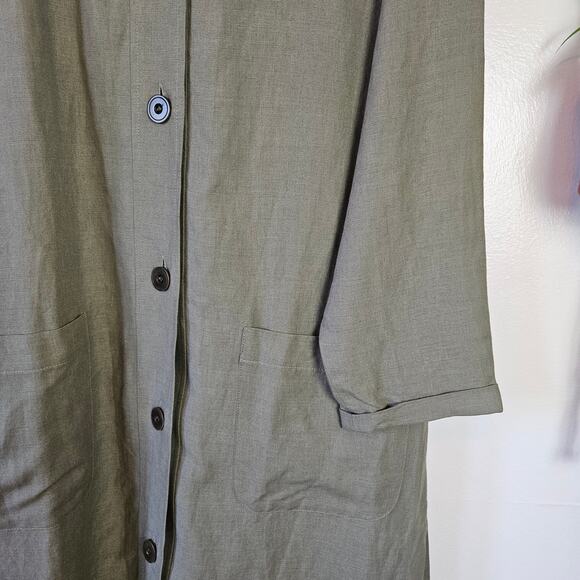 Linen Long‎ Trench Jacket M Olive Green Button Front Lagenlook - Picture 5 of 10